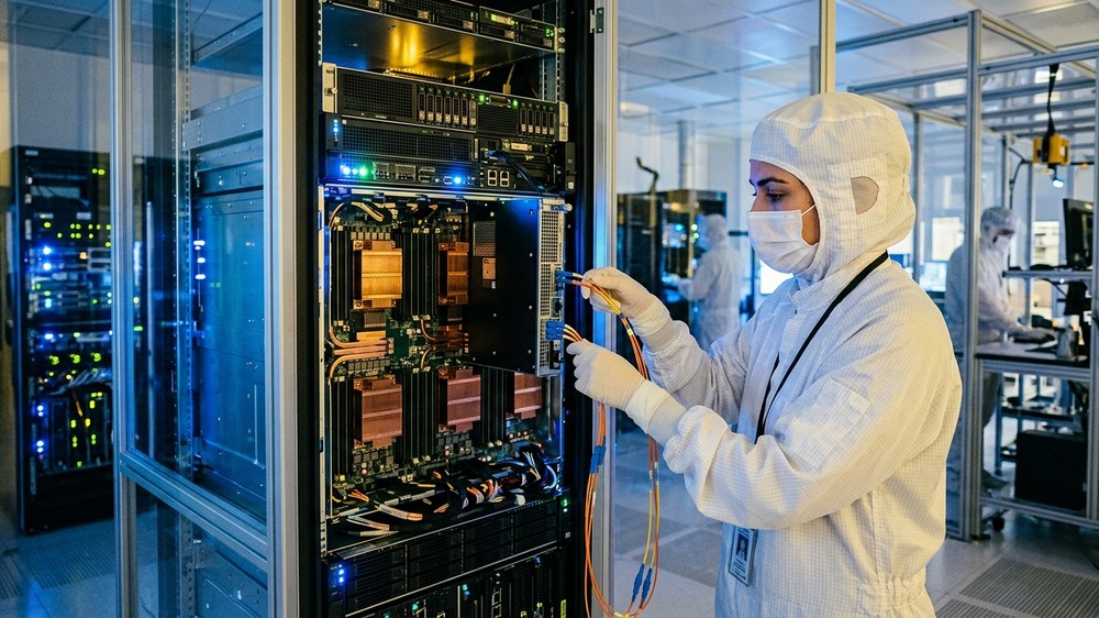 Modern temiz odada monte edilen yeni nesil GPU hızlandırıcı sunucu bıçakları