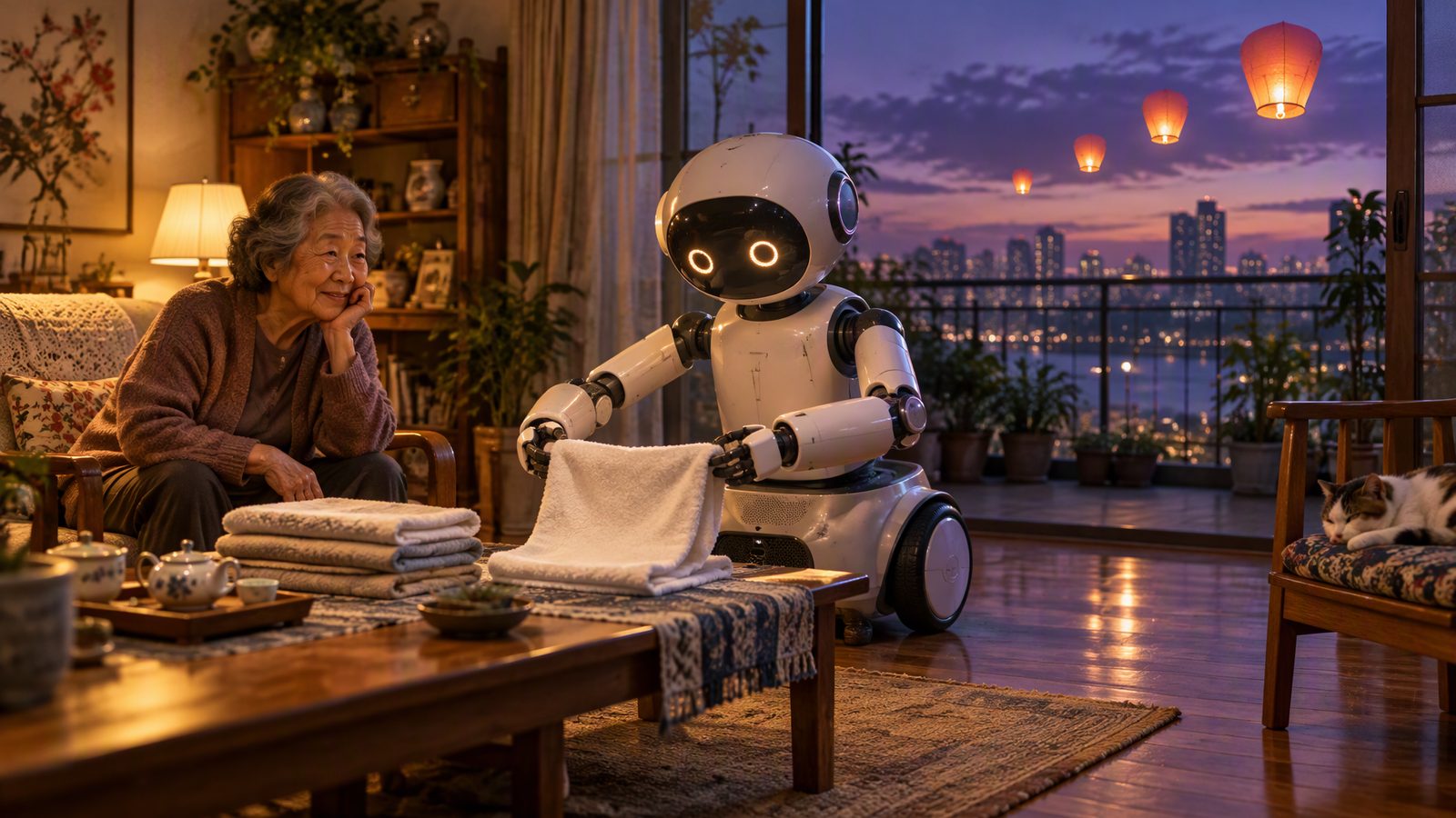 Akşam alacasındaki Çin evinde çay masasında havlu katlayan iki kollu tekerlekli ev robotu; balkonda yükselen dört fener