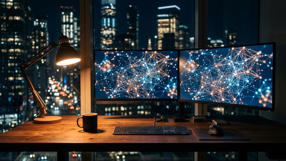 Gece vakti çift monitörlü iş istasyonunda çalışan yazılım mimarı ve arka planda kehribar rengi ışıklarla parlayan sıvı soğutmalı sunucu kabinleri