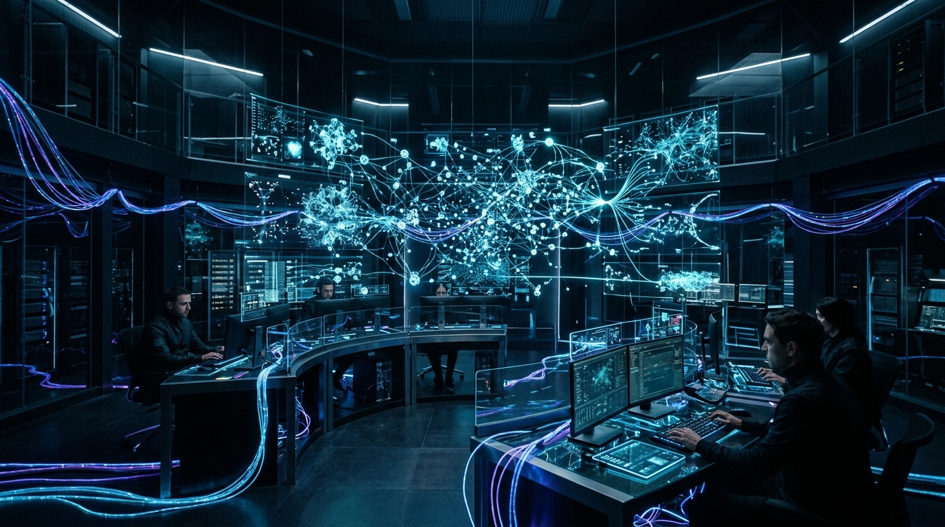 Holografik nöral ağ akışları ve siber güvenlik denetim merkezini gösteren karanlık fütüristik laboratuvar