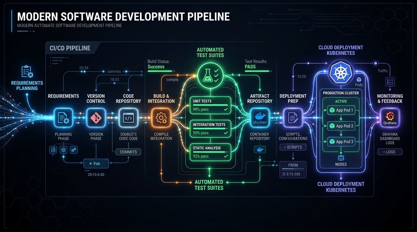 Gereksinim planlamasından Kubernetes bulut dağıtımına kadar modern otonom CI/CD yazılım hattı şeması