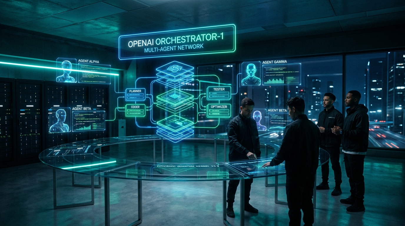 OpenAI Orchestrator-1 çoklu ajan ağının fütüristik komuta merkezinde karmaşık sistem mimarilerini otonom yönetmesi