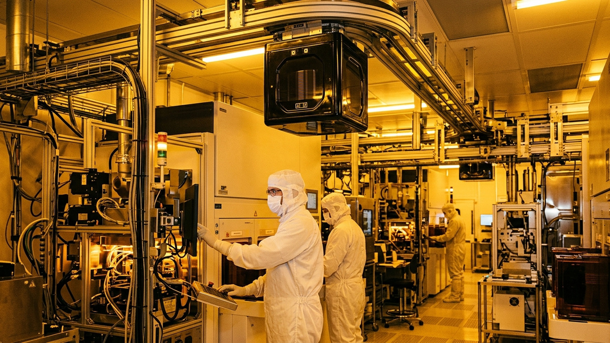 Yarı iletken temiz odasında silikon wafer taşıyan robotik sistem ve mühendisler