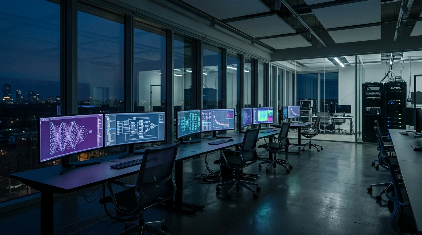Gece vakti boş kalmış yapay zeka araştırma laboratuvarında açık kalan monitörlerde nöral ağ grafikleri
