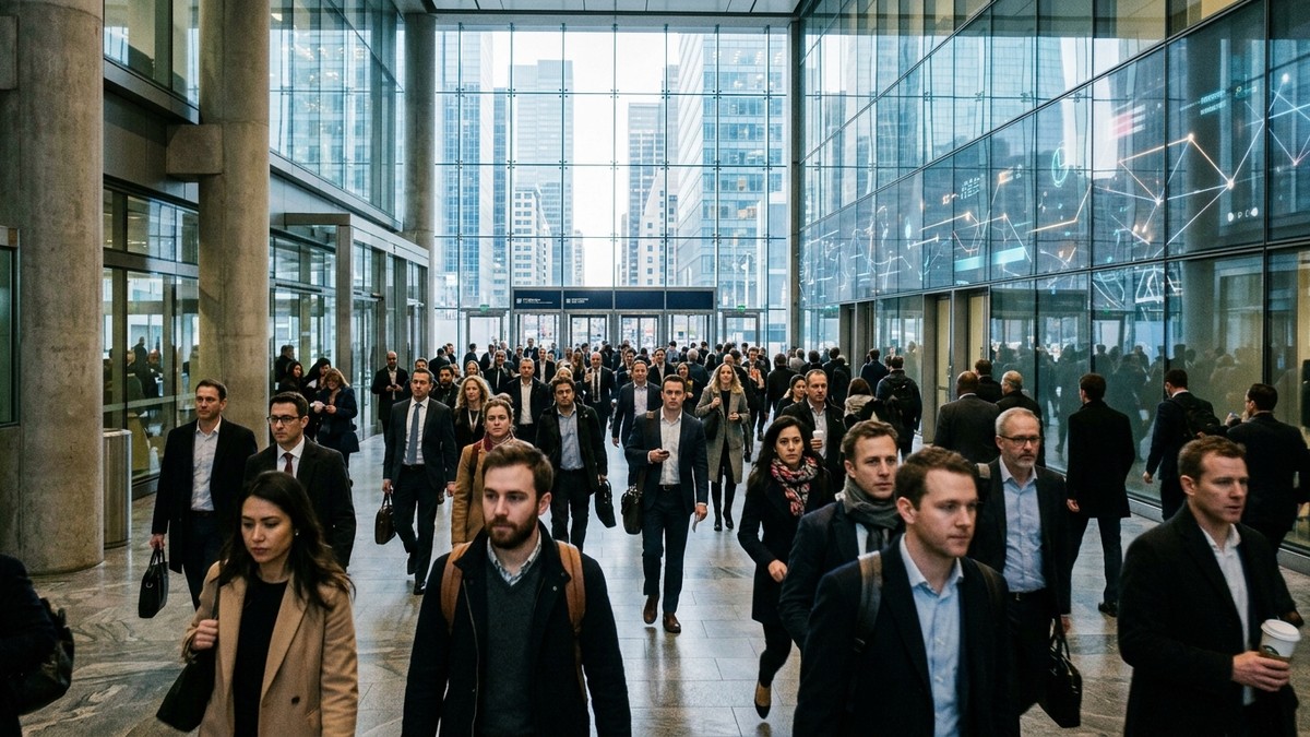 Büyük metropol iş merkezinde sabah işe giden kalabalık beyaz yakalı çalışanlar ve modern cam mimari