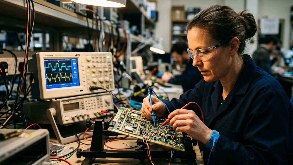 Laboratuvarda osiloskop ve hassas problarla devre kartı test eden elektronik mühendisi