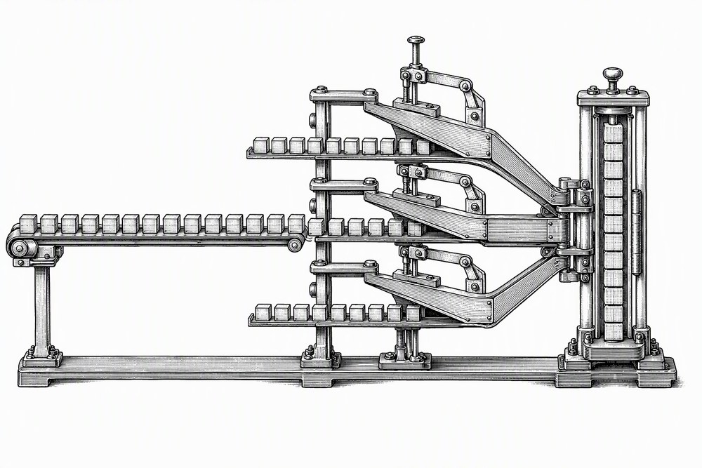 Blokların huni mekanizmalarından geçerek tek bir kolonda biriktiğini gösteren patent çizimi tarzı makine gravürü