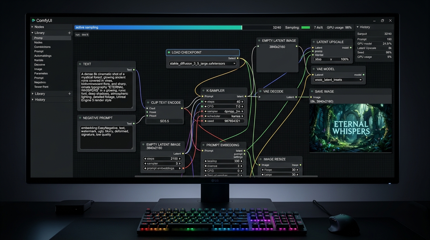 Gelişmiş ComfyUI düğüm paneli üzerinde Stable Diffusion 3.5 Large modeliyle tipografi üretimi