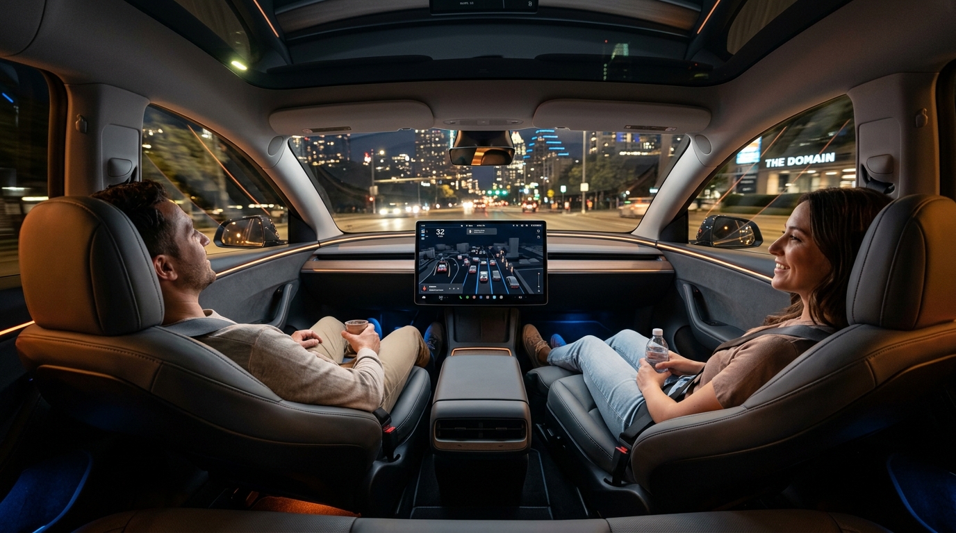 Tesla Cybercab minimalist iç kabini ve büyük ekranlı yapay zekâ yol haritası