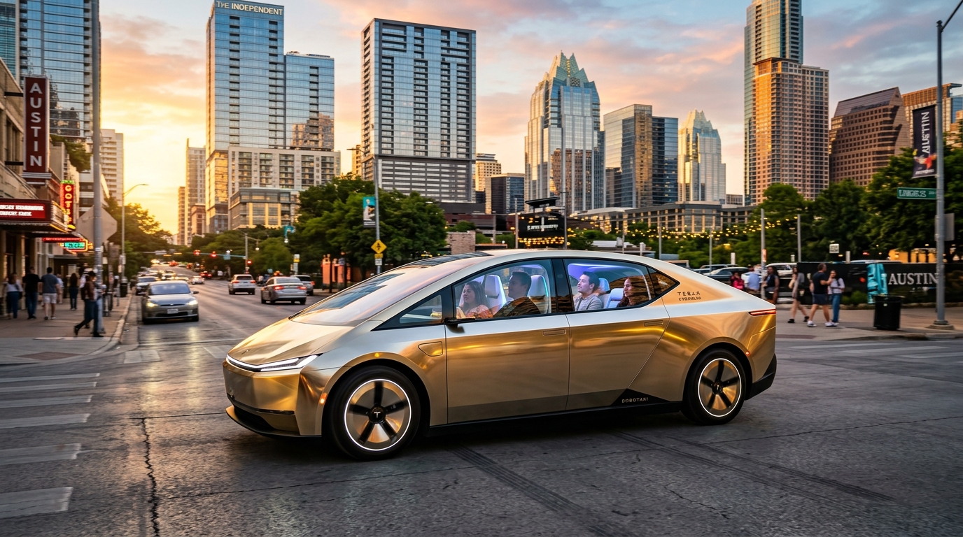 Tesla Cybercab direksiyonsuz robotaksi Austin Texas caddelerinde seyir halinde