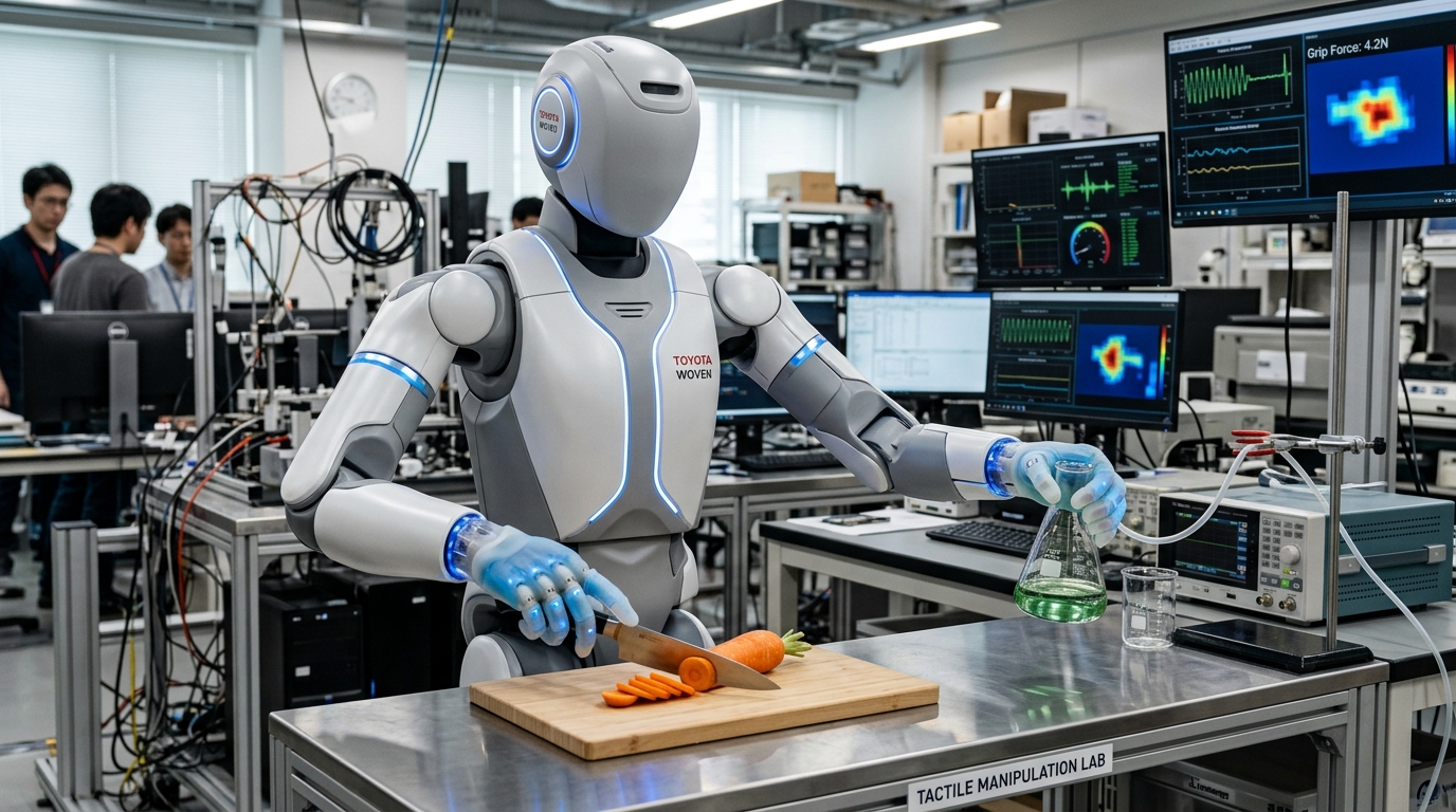 Toyota robotik laboratuvarında dokunsal yumuşak elleriyle mutfakta sebze doğrayan ve deney tüpü tutan insansı robot