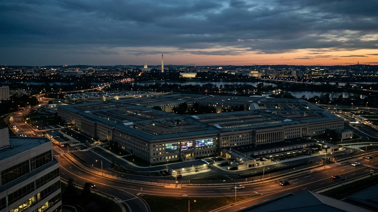 Alacakaranlıkta Pentagon binası ve Washington başkent silueti üzerinde stratejik askeri komuta merkezi ışıkları