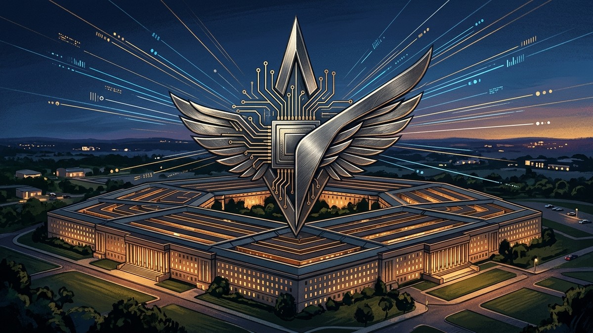 Alacakaranlıkta Pentagon binası üzerinde yükselen mikroçip ve askeri kanat arması