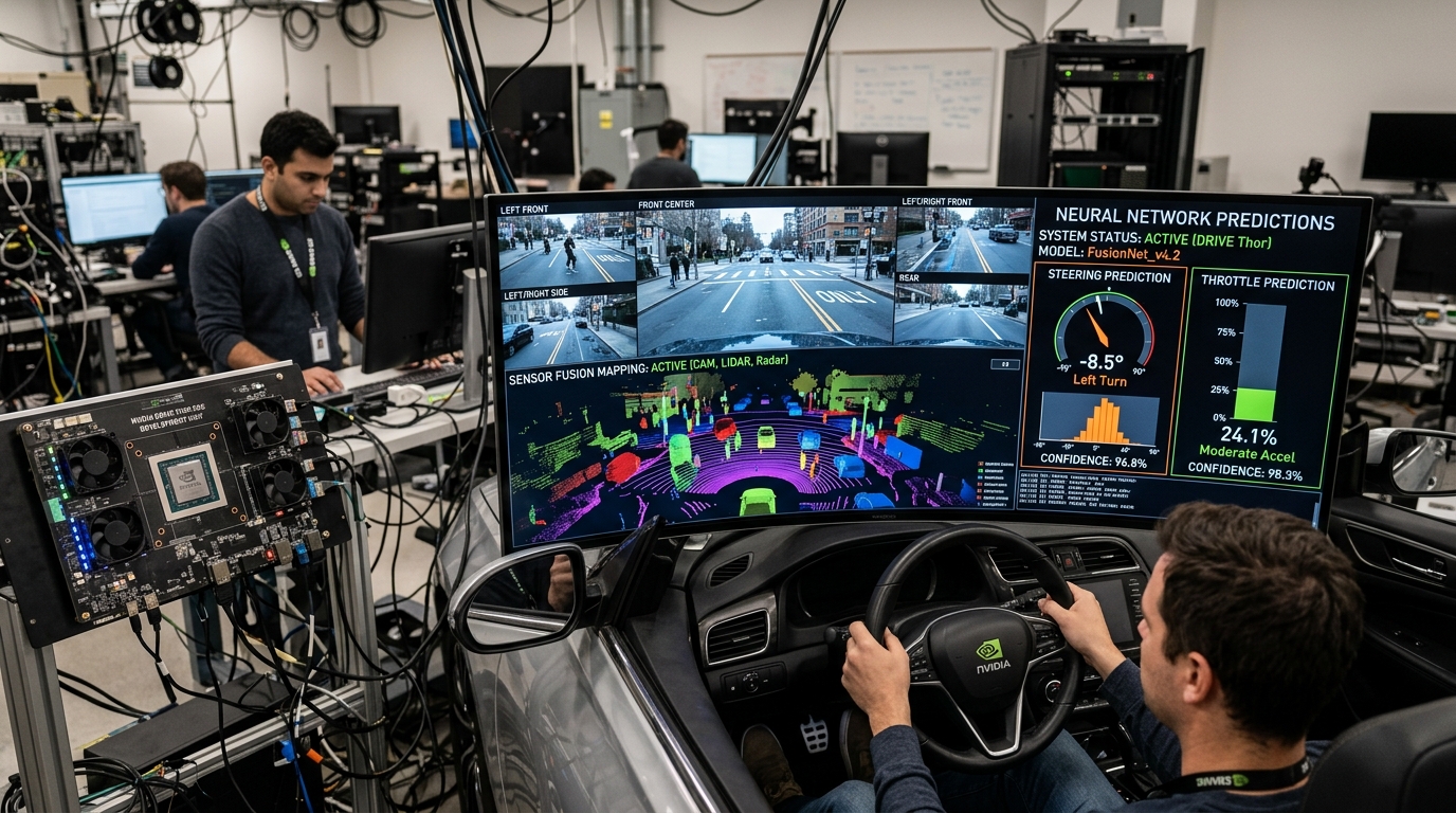 Wayve otonom sürüş laboratuvarında Nvidia DRIVE Thor çipi ve direksiyon-gaz tahmin sinir ağı ekranı