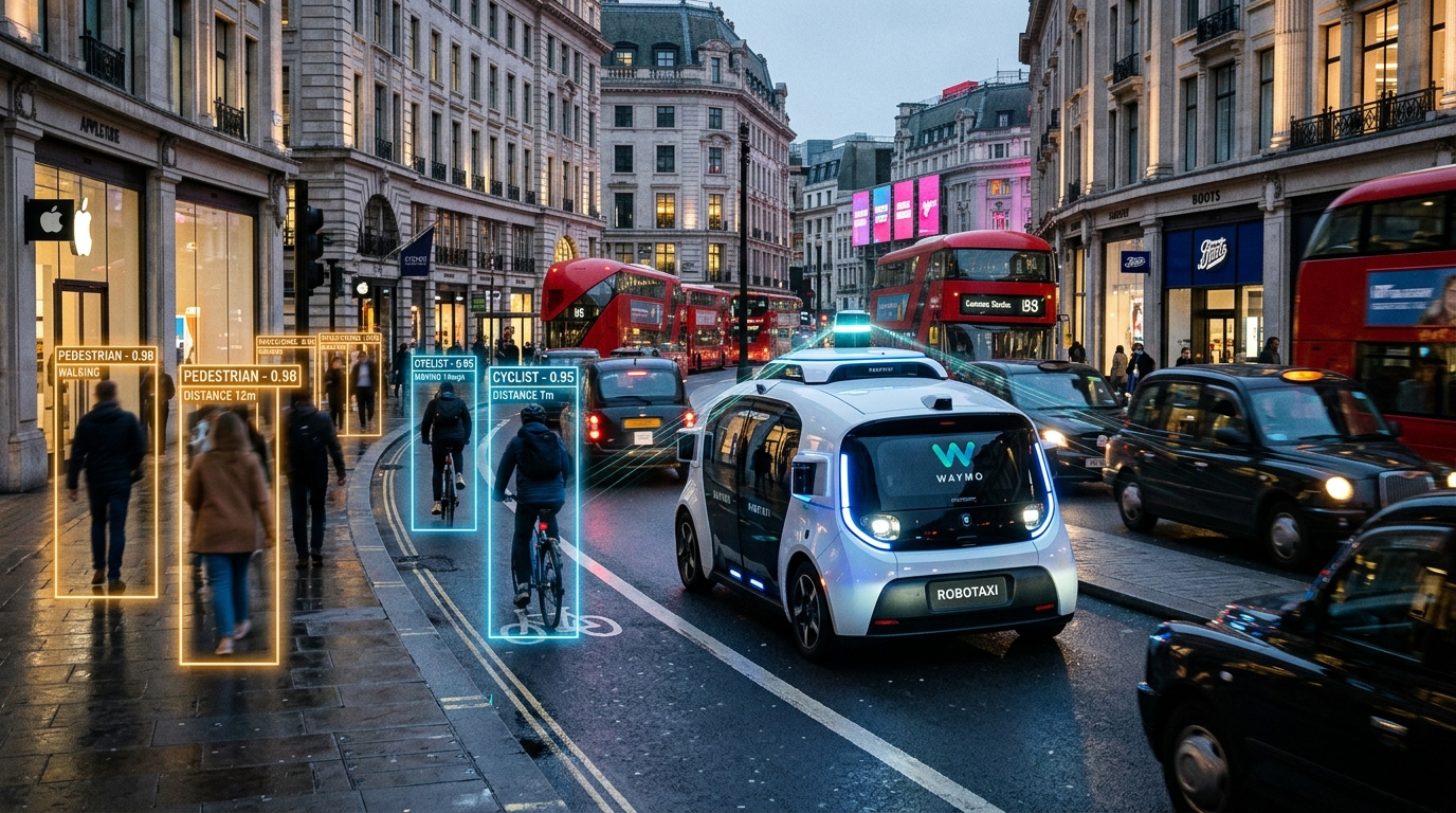 Londra sokaklarında yayaları ve bisikletlileri anlık nöral vizyonla analiz eden Wayve otonom robotaksi aracı