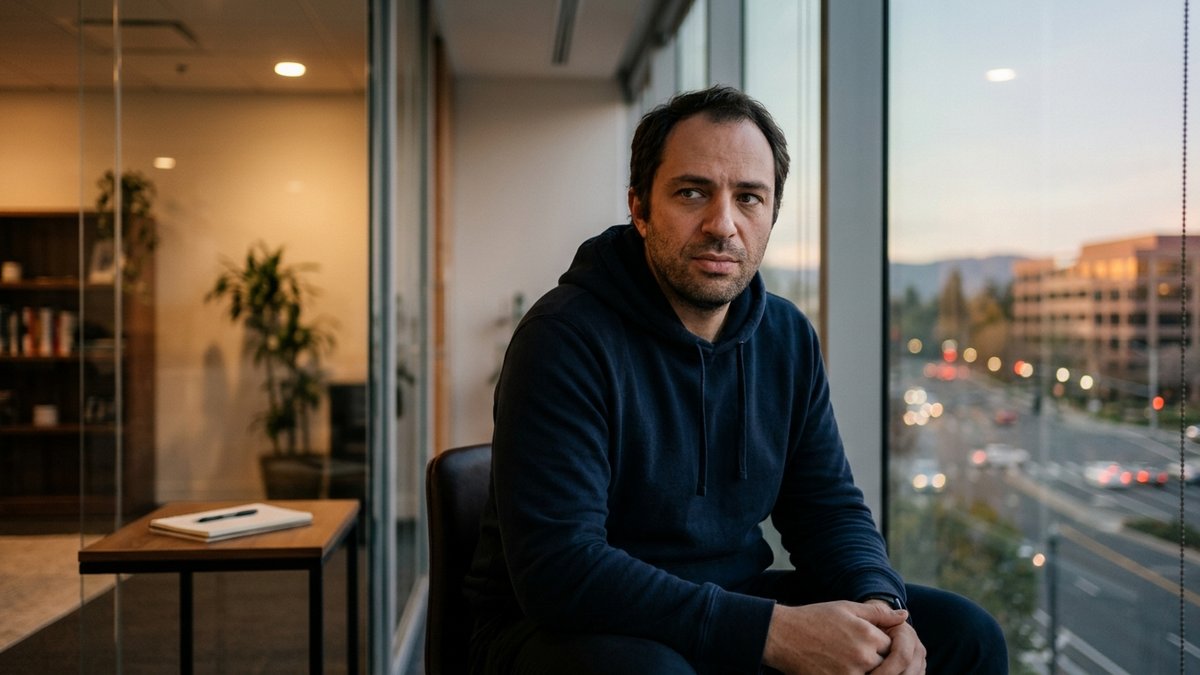 Modern teknoloji ofisinde düşünceli duruşuyla Jan Koum ve arkasında Silikon Vadisi silüeti