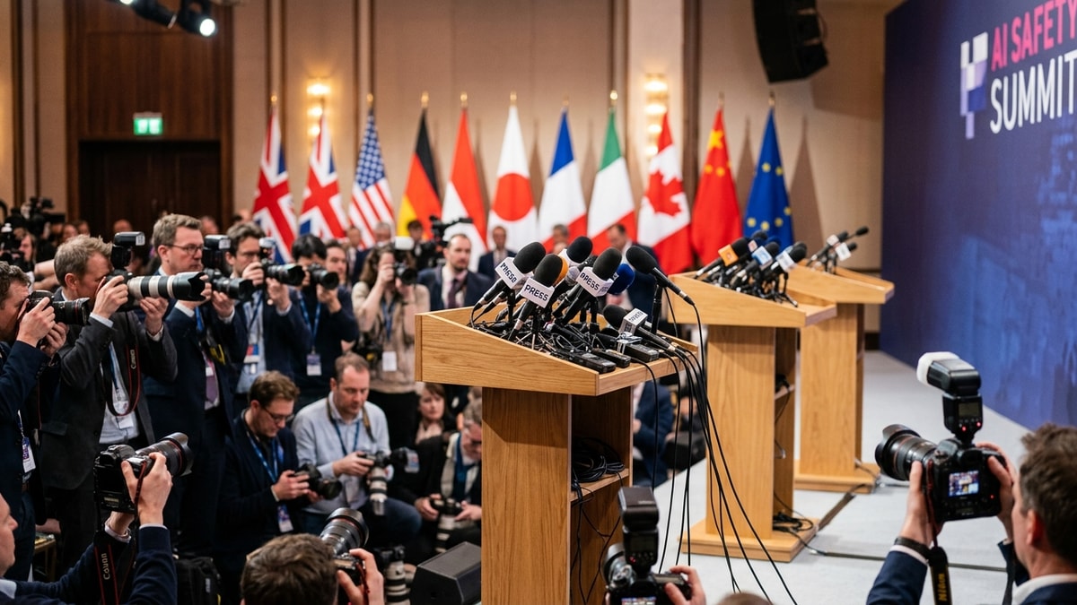 Uluslararası yapay zeka zirvesi sonrası basına açıklama yapılan karlı diplomatik podyum