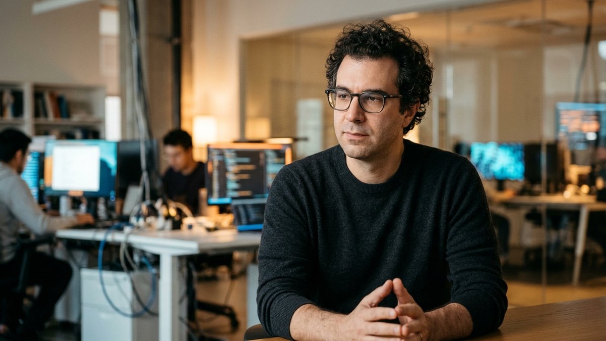 Anthropic CEO'su Dario Amodei yüksek teknolojili yapay zeka laboratuvarında düşünceli