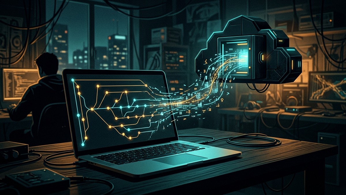 Yazılımcı masasında açık dizüstü bilgisayardan bulut kasasına sızan Git commit dalları ve veri akışı